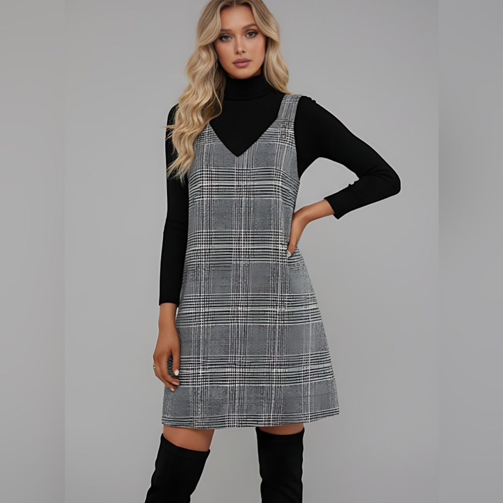 French Plaid Print Overall Dress Grey/Green